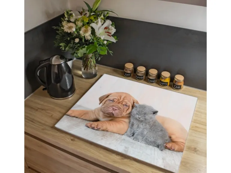Banjado Herdabdeckplatte Glas 1 Teilig 60x52CM Schneidebrett Herdabdeckung Mit Motiv Hund Und Katze