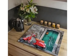 Banjado Herdabdeckplatte Glas 2 Teilig Je 30x52CM Schneidebrett Herdabdeckung Mit Motiv Italienischer Roller