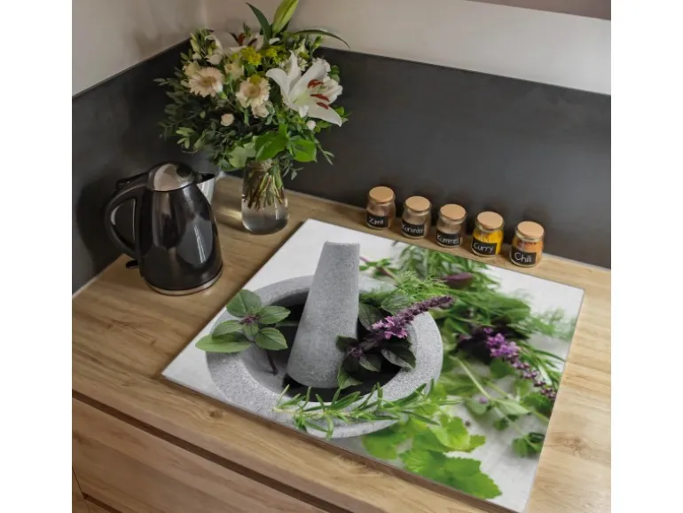 Banjado Herdabdeckplatte Glas 1 Teilig 60x52CM Schneidebrett Herdabdeckung Mit Motiv Kräuter