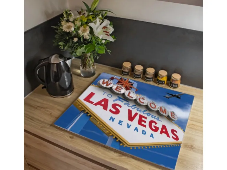 Banjado Herdabdeckplatte Glas 1 Teilig 60x52CM Schneidebrett Herdabdeckung Mit Motiv Las Vegas