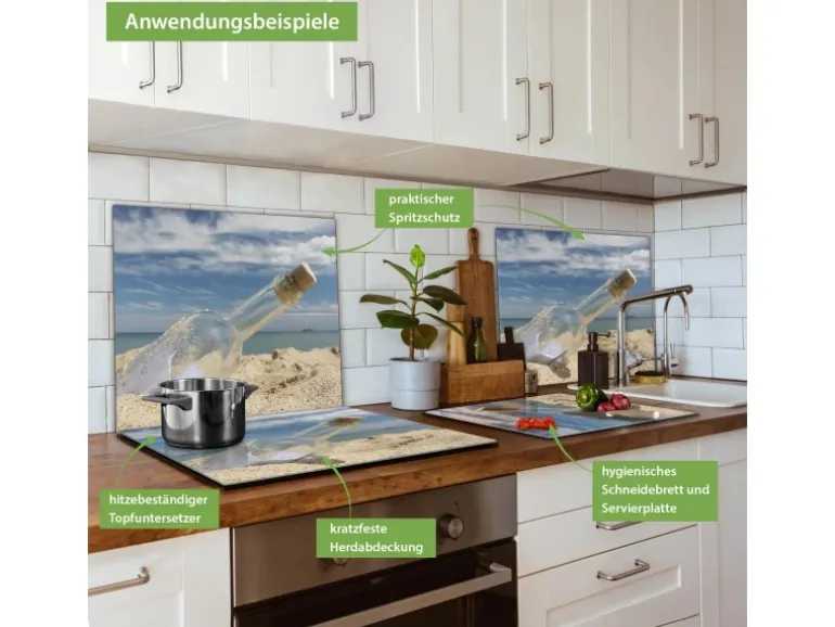 Banjado Herdabdeckplatte Glas 1 Teilig 60x52CM Schneidebrett Herdabdeckung Mit Motiv Flaschenpost