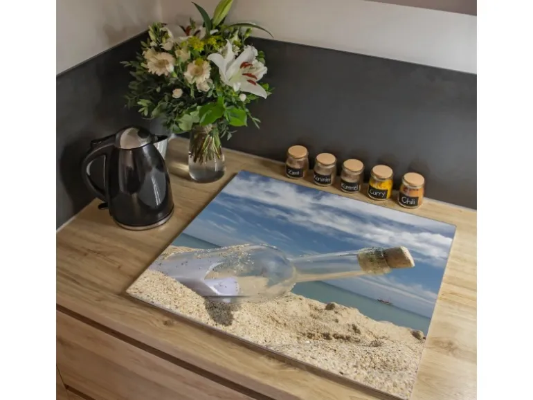 Banjado Herdabdeckplatte Glas 1 Teilig 60x52CM Schneidebrett Herdabdeckung Mit Motiv Flaschenpost