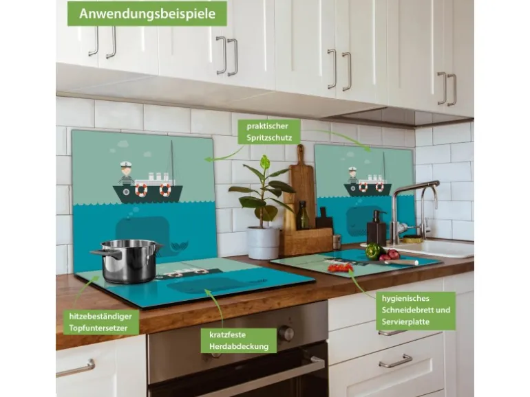 Banjado Herdabdeckplatte Glas 1 Teilig 60x52CM Schneidebrett Herdabdeckung Mit Motiv Rettet Die Wale