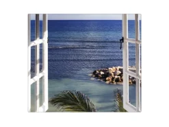 Banjado Herdabdeckplatte Glas 1 Teilig 60x52CM Schneidebrett Herdabdeckung Mit Motiv Fensterpanorama