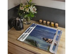 Banjado Herdabdeckplatte Glas 1 Teilig 60x52CM Schneidebrett Herdabdeckung Mit Motiv Fensterpanorama