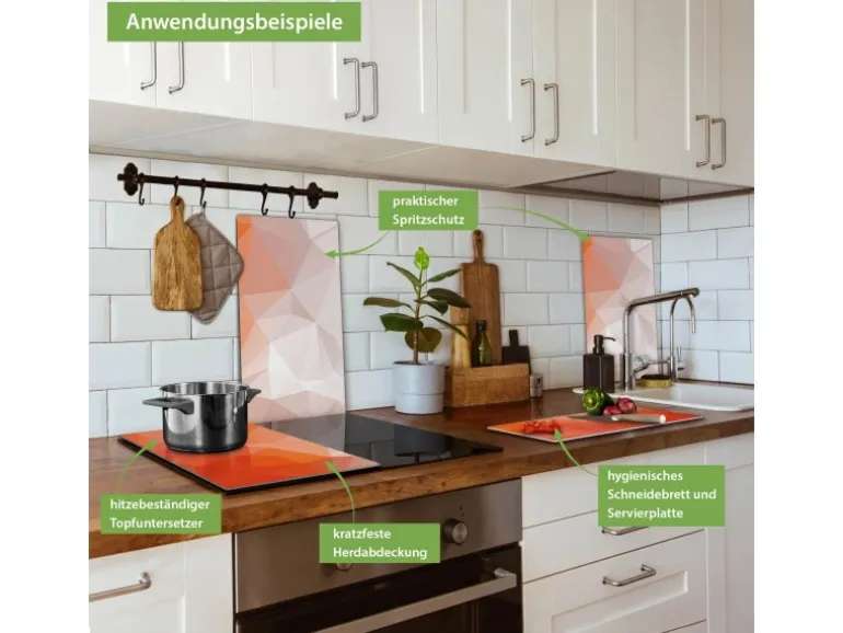 Banjado Herdabdeckplatte Glas 2 Teilig Je 30x52CM Schneidebrett Herdabdeckung Mit Motiv Orange Polygon