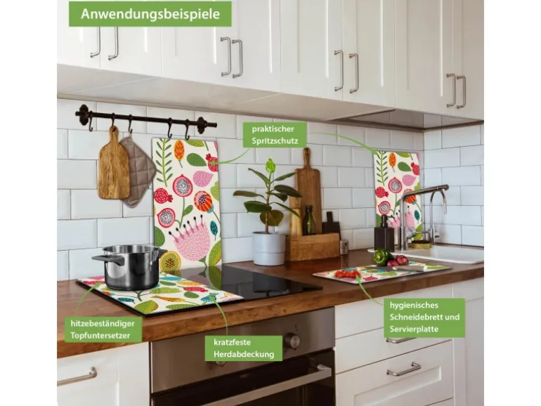 Banjado Herdabdeckplatte Glas 2 Teilig Je 30x52CM Schneidebrett Herdabdeckung Mit Motiv Blumen Naiv
