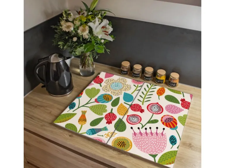 Banjado Herdabdeckplatte Glas 2 Teilig Je 30x52CM Schneidebrett Herdabdeckung Mit Motiv Blumen Naiv