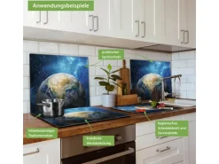 Banjado Herdabdeckplatte Glas 1 Teilig 60x52CM Schneidebrett Herdabdeckung Mit Motiv Erdkugel