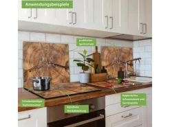 Banjado Herdabdeckplatte Glas 1 Teilig 60x52CM Schneidebrett Herdabdeckung Mit Motiv Jahresringe