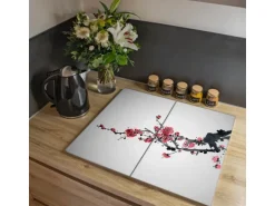 Banjado Herdabdeckplatte Glas 2 Teilig Je 30x52CM Schneidebrett Herdabdeckung Mit Motiv Japanische Blüten 2
