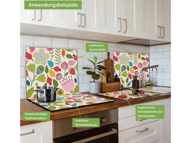 Banjado Herdabdeckplatte Glas 1 Teilig 60x52CM Schneidebrett Herdabdeckung Mit Motiv Blumen Naiv