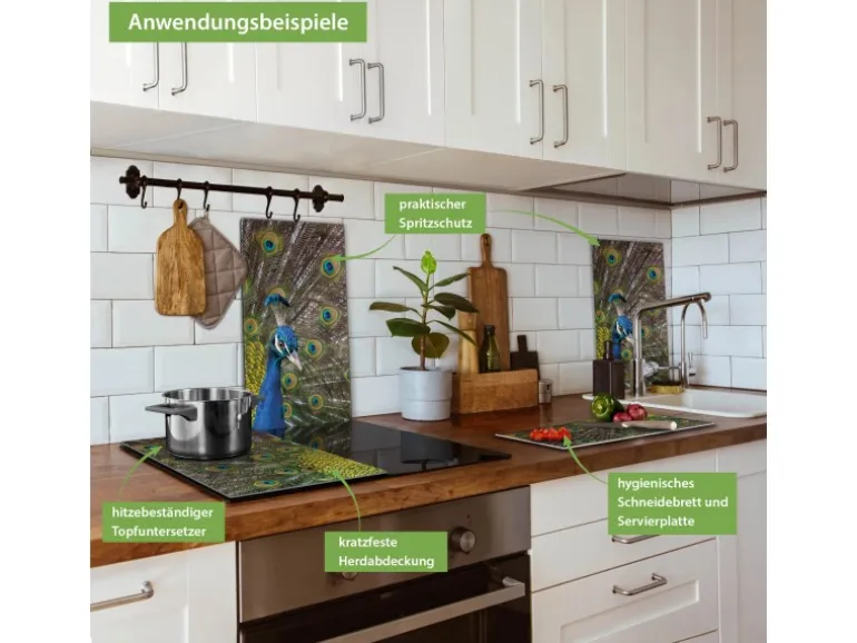 Banjado Herdabdeckplatte Glas 2 Teilig Je 30x52CM Schneidebrett Herdabdeckung Mit Motiv Pfau