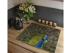 Banjado Herdabdeckplatte Glas 2 Teilig Je 30x52CM Schneidebrett Herdabdeckung Mit Motiv Pfau