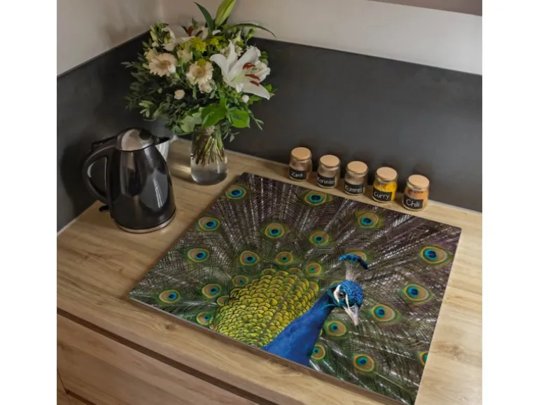 Banjado Herdabdeckplatte Glas 2 Teilig Je 30x52CM Schneidebrett Herdabdeckung Mit Motiv Pfau