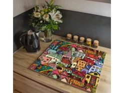 Banjado Herdabdeckplatte Glas 2 Teilig Je 30x52CM Schneidebrett Herdabdeckung Mit Motiv Funky Town