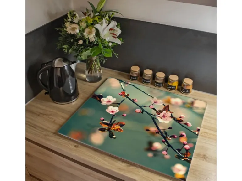 Banjado Herdabdeckplatte Glas 1 Teilig 60x52CM Schneidebrett Herdabdeckung Mit Motiv Japankirsche