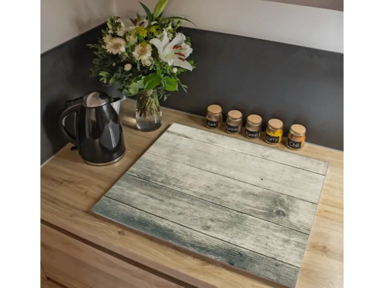 Banjado Herdabdeckplatte Glas 1 Teilig 60x52CM Schneidebrett Herdabdeckung Mit Motiv Graue Planken