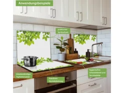 Banjado Herdabdeckplatte Glas 1 Teilig 60x52CM Schneidebrett Herdabdeckung Mit Motiv Rahmen Blätter