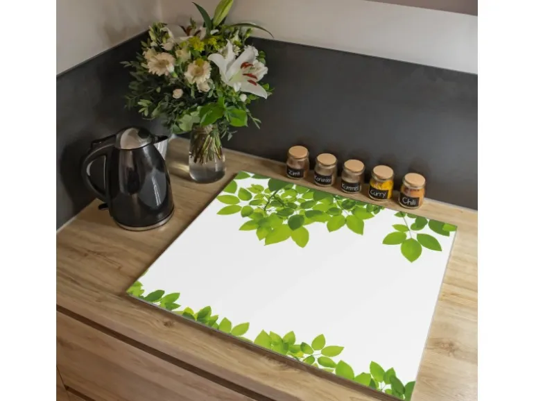 Banjado Herdabdeckplatte Glas 1 Teilig 60x52CM Schneidebrett Herdabdeckung Mit Motiv Rahmen Blätter