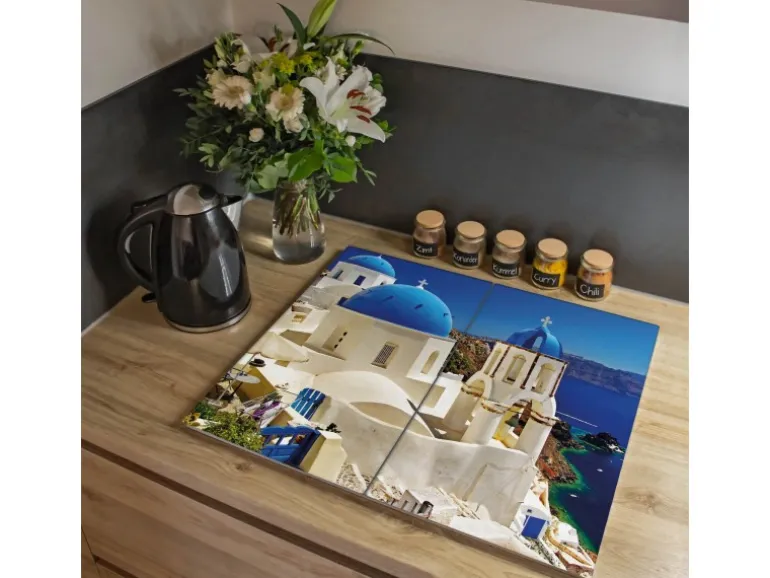 Banjado Herdabdeckplatte Glas 2 Teilig Je 30x52CM Schneidebrett Herdabdeckung Mit Motiv Griechenland