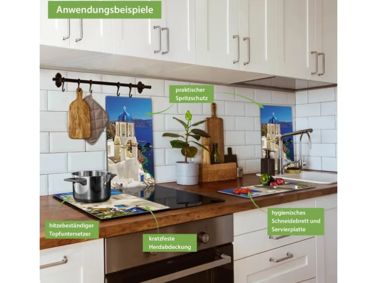 Banjado Herdabdeckplatte Glas 2 Teilig Je 30x52CM Schneidebrett Herdabdeckung Mit Motiv Griechenland