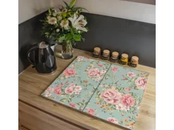 Banjado Herdabdeckplatte Glas 2 Teilig Je 30x52CM Schneidebrett Herdabdeckung Mit Motiv Altrosa Blume