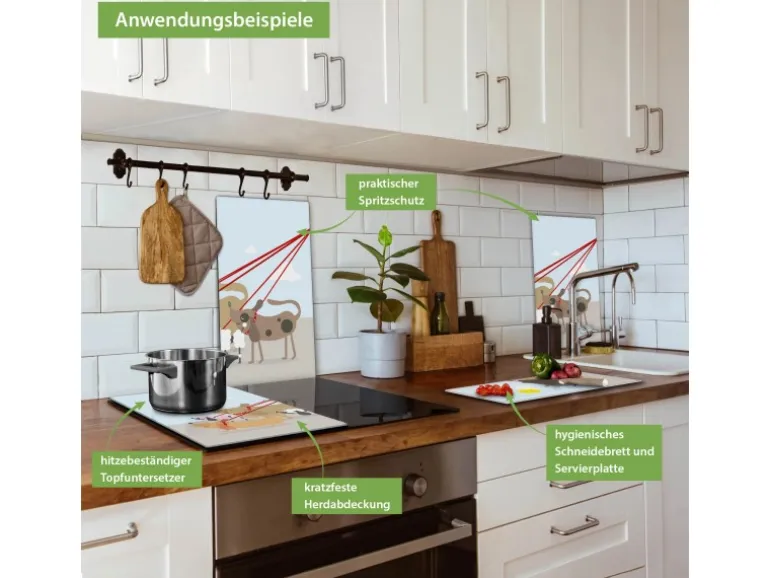 Banjado Herdabdeckplatte Glas 2 Teilig Je 30x52CM Schneidebrett Herdabdeckung Mit Motiv Gassi Gehen