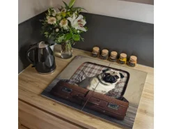 Banjado Herdabdeckplatte Glas 2 Teilig Je 30x52CM Schneidebrett Herdabdeckung Mit Motiv Mops Im Koffer