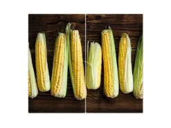 Banjado Herdabdeckplatte Glas 2 Teilig Je 30x52CM Schneidebrett Herdabdeckung Mit Motiv Maiskolben