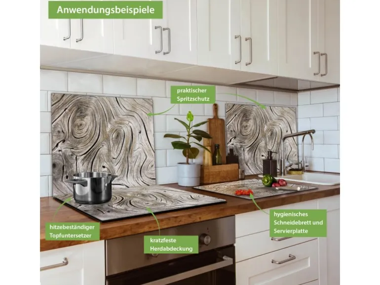 Banjado Herdabdeckplatte Glas 1 Teilig 60x52CM Schneidebrett Herdabdeckung Mit Motiv Holzwirbel