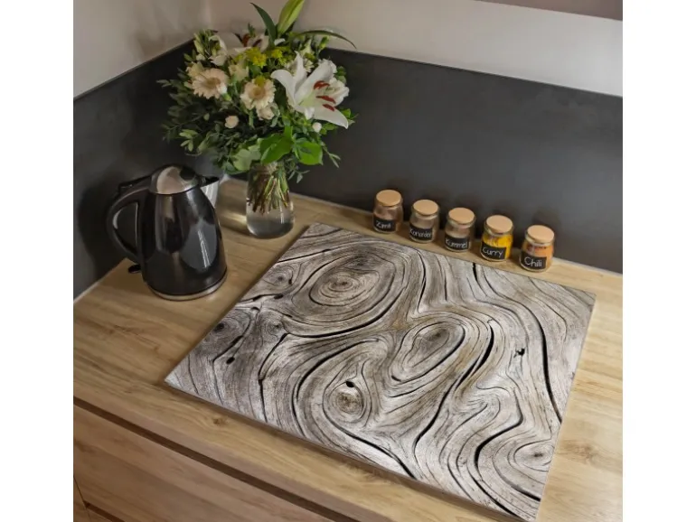 Banjado Herdabdeckplatte Glas 1 Teilig 60x52CM Schneidebrett Herdabdeckung Mit Motiv Holzwirbel