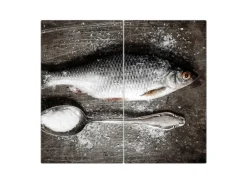 Banjado Herdabdeckplatte Glas 2 Teilig Je 30x52CM Schneidebrett Herdabdeckung Mit Motiv Fisch Und Salz
