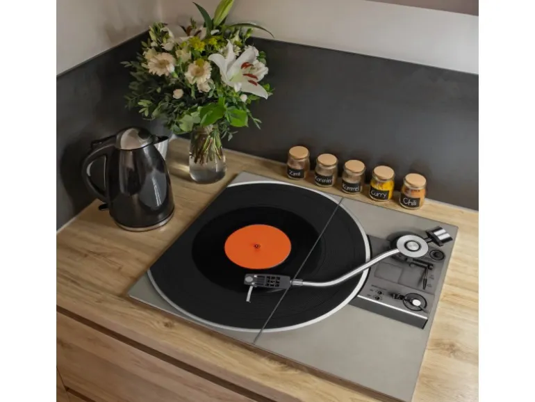 Banjado Herdabdeckplatte Glas 2 Teilig Je 30x52CM Schneidebrett Herdabdeckung Mit Motiv Plattenspieler