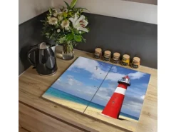 Banjado Herdabdeckplatte Glas 2 Teilig Je 30x52CM Schneidebrett Herdabdeckung Mit Motiv Leuchtturm Westkapelle