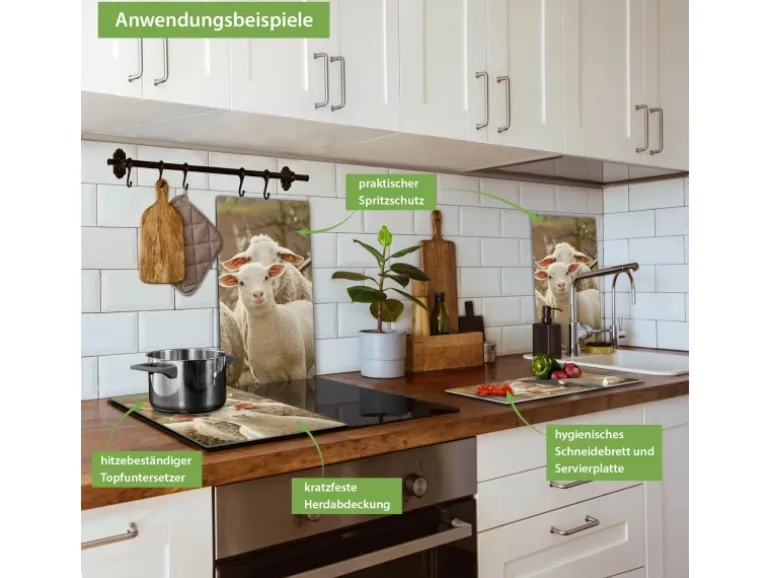 Banjado Herdabdeckplatte Glas 2 Teilig Je 30x52CM Schneidebrett Herdabdeckung Mit Motiv Schaffamilie