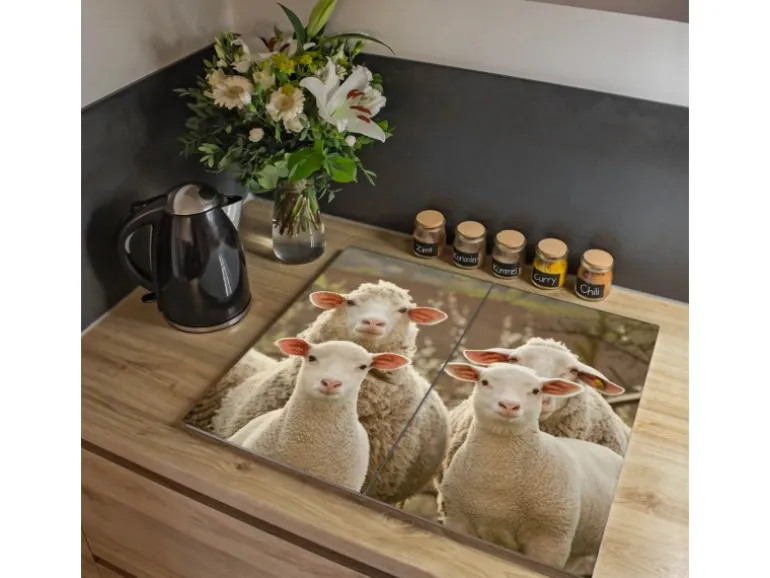 Banjado Herdabdeckplatte Glas 2 Teilig Je 30x52CM Schneidebrett Herdabdeckung Mit Motiv Schaffamilie