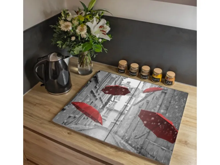 Banjado Herdabdeckplatte Glas 2 Teilig Je 30x52CM Schneidebrett Herdabdeckung Mit Motiv Rote Schirme