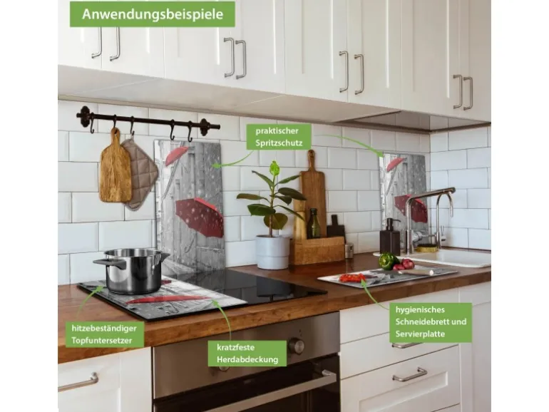 Banjado Herdabdeckplatte Glas 2 Teilig Je 30x52CM Schneidebrett Herdabdeckung Mit Motiv Rote Schirme