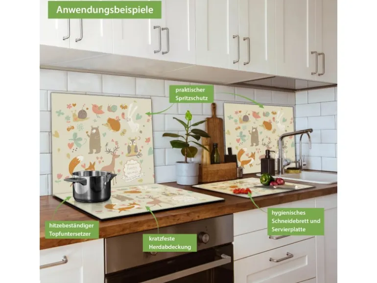 Banjado Herdabdeckplatte Glas 1 Teilig 60x52CM Schneidebrett Herdabdeckung Mit Motiv Waldtiere