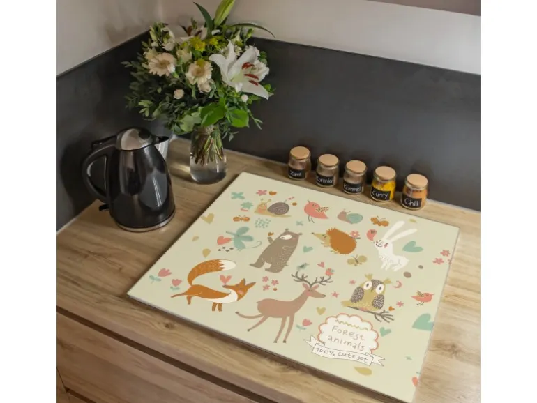 Banjado Herdabdeckplatte Glas 1 Teilig 60x52CM Schneidebrett Herdabdeckung Mit Motiv Waldtiere
