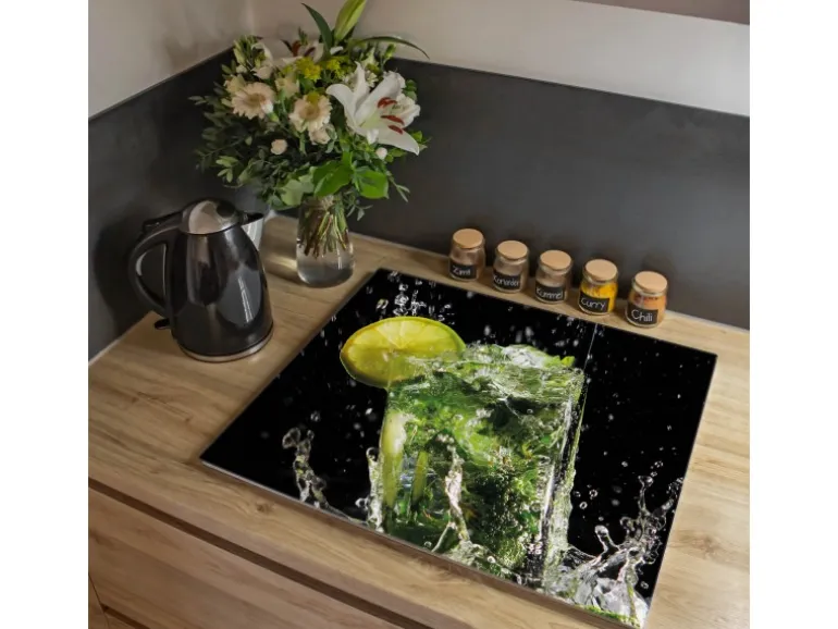 Banjado Herdabdeckplatte Glas 1 Teilig 60x52CM Schneidebrett Herdabdeckung Mit Motiv Brasilianischer Cocktail