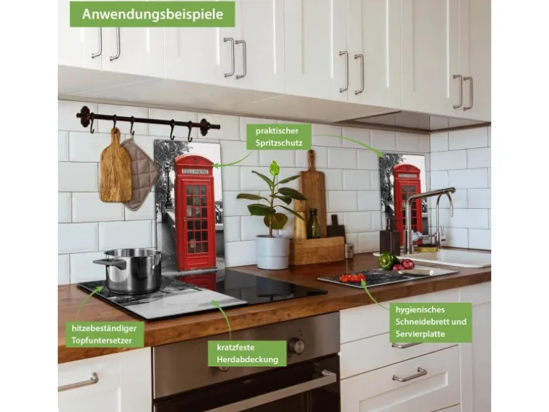 Banjado Herdabdeckplatte Glas 2 Teilig Je 30x52CM Schneidebrett Herdabdeckung Mit Motiv London Red Telephone