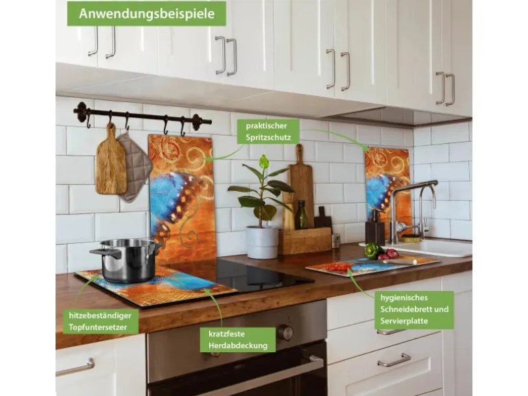Banjado Herdabdeckplatte Glas 2 Teilig Je 30x52CM Schneidebrett Herdabdeckung Mit Motiv Schmetterling