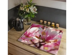 Banjado Herdabdeckplatte Glas 2 Teilig Je 30x52CM Schneidebrett Herdabdeckung Mit Motiv Magnolia