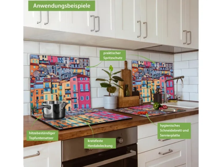 Banjado Herdabdeckplatte Glas 1 Teilig 60x52CM Schneidebrett Herdabdeckung Mit Motiv Häuserberg