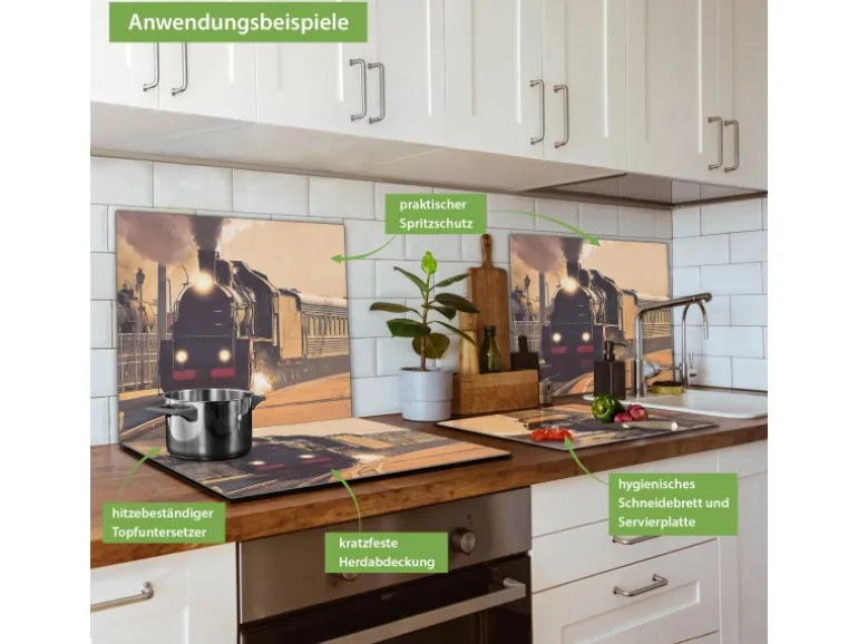 Banjado Herdabdeckplatte Glas 1 Teilig 60x52CM Schneidebrett Herdabdeckung Mit Motiv Einfahrender Zug
