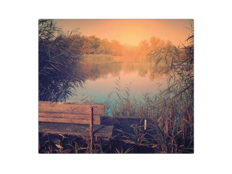 Banjado Herdabdeckplatte Glas 1 Teilig 60x52CM Schneidebrett Herdabdeckung Mit Motiv Bank Am See