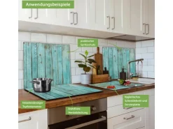 Banjado Herdabdeckplatte Glas 1 Teilig 60x52CM Schneidebrett Herdabdeckung Mit Motiv Blaues Holz