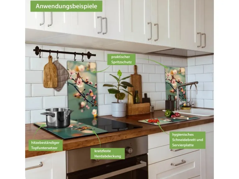 Banjado Herdabdeckplatte Glas 2 Teilig Je 30x52CM Schneidebrett Herdabdeckung Mit Motiv Japankirsche